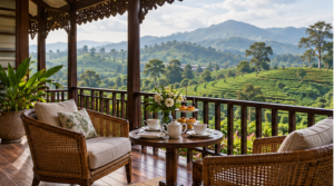 Scenic Sri Lankan tea plantation with lush green hills.